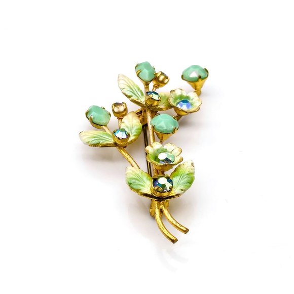 Vintage Glitzy Floral Spray Brooch, Gold Tone with Faceted Green and AB Sparkle - Picture 3 of 4